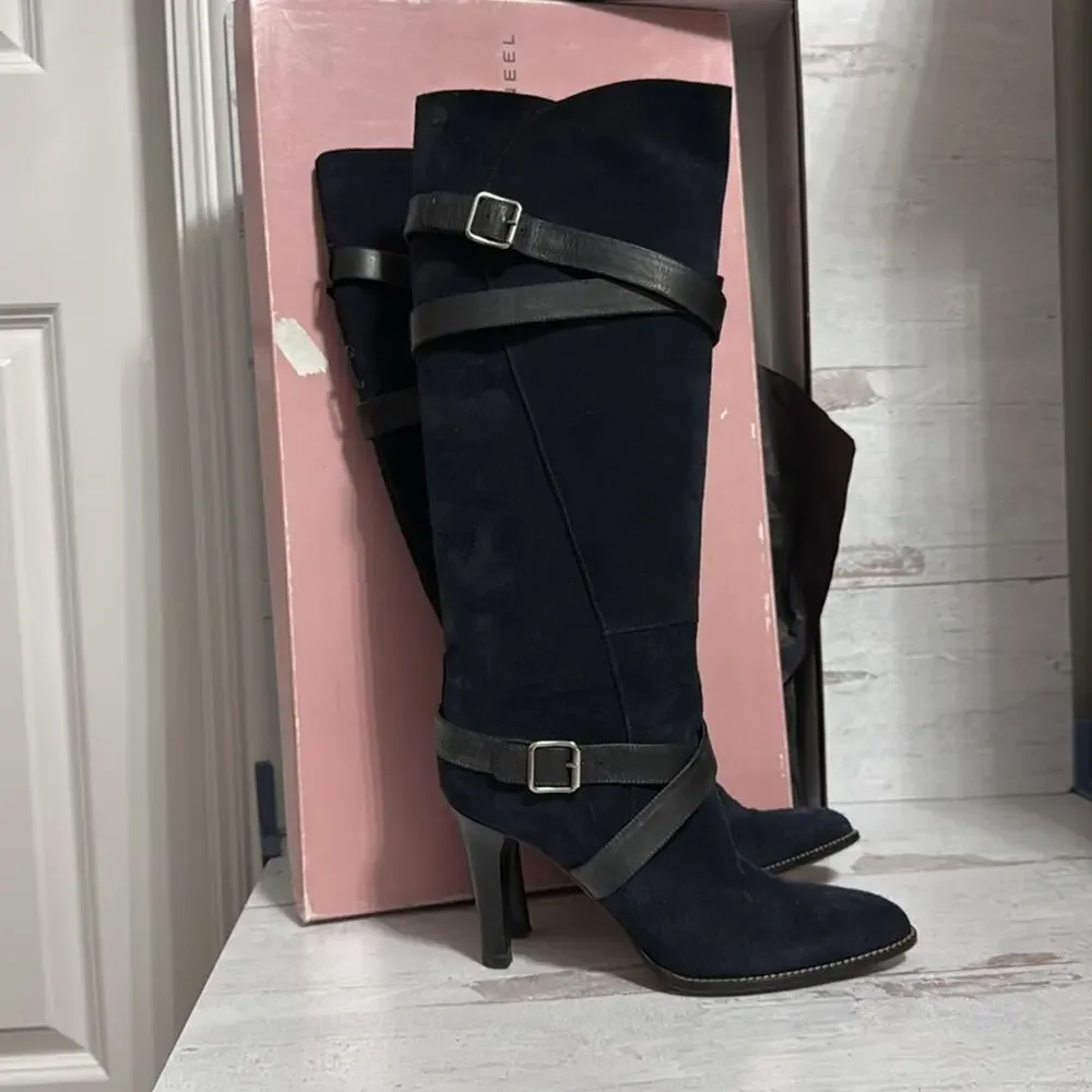 Used Alexandra Neel Navy Suede Boots with strappy detail - Picture 2 of 8